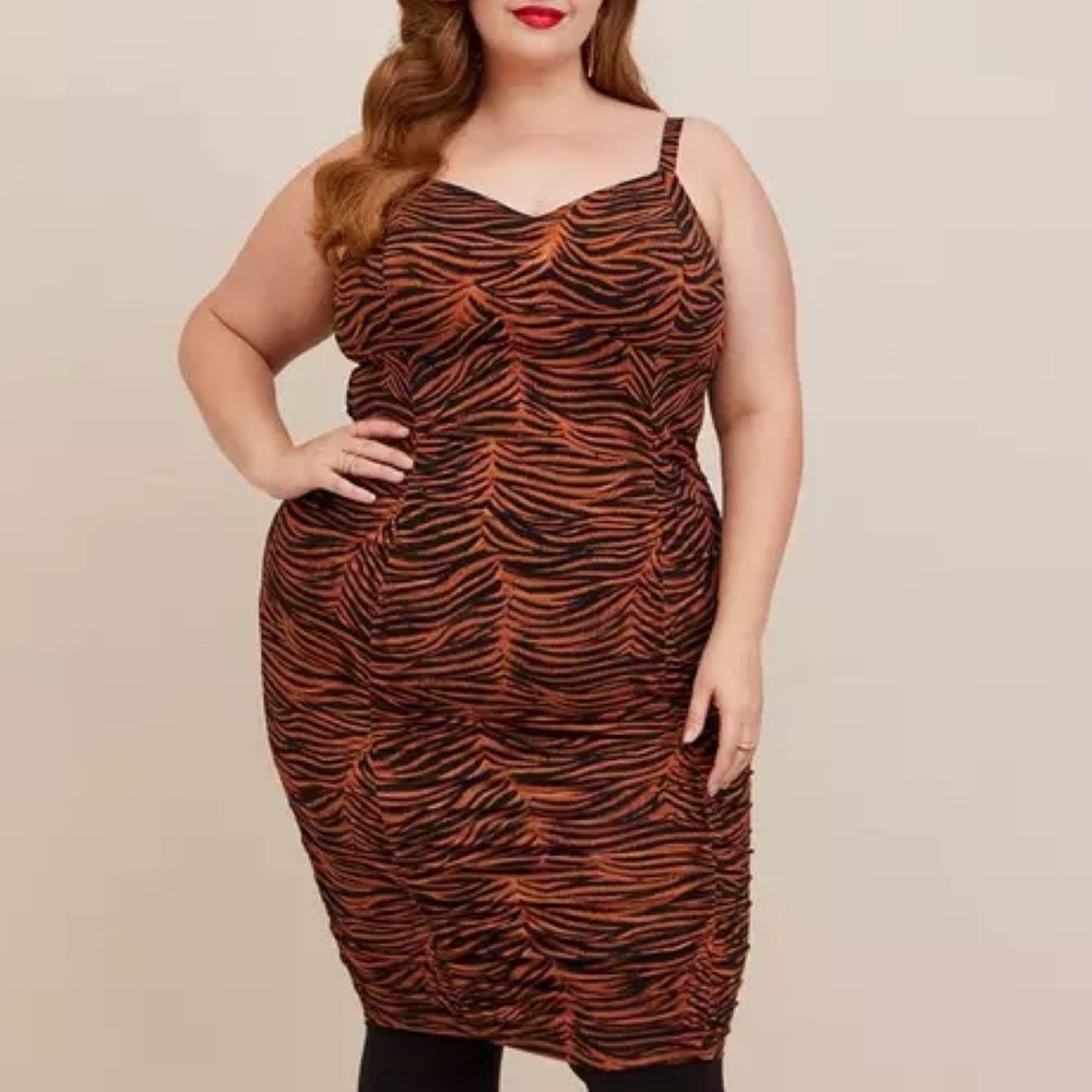 Torrid Tiger Animal Print Studio Knit Shirred Bodycon Dress 2X 18 20 - Picture 7 of 16